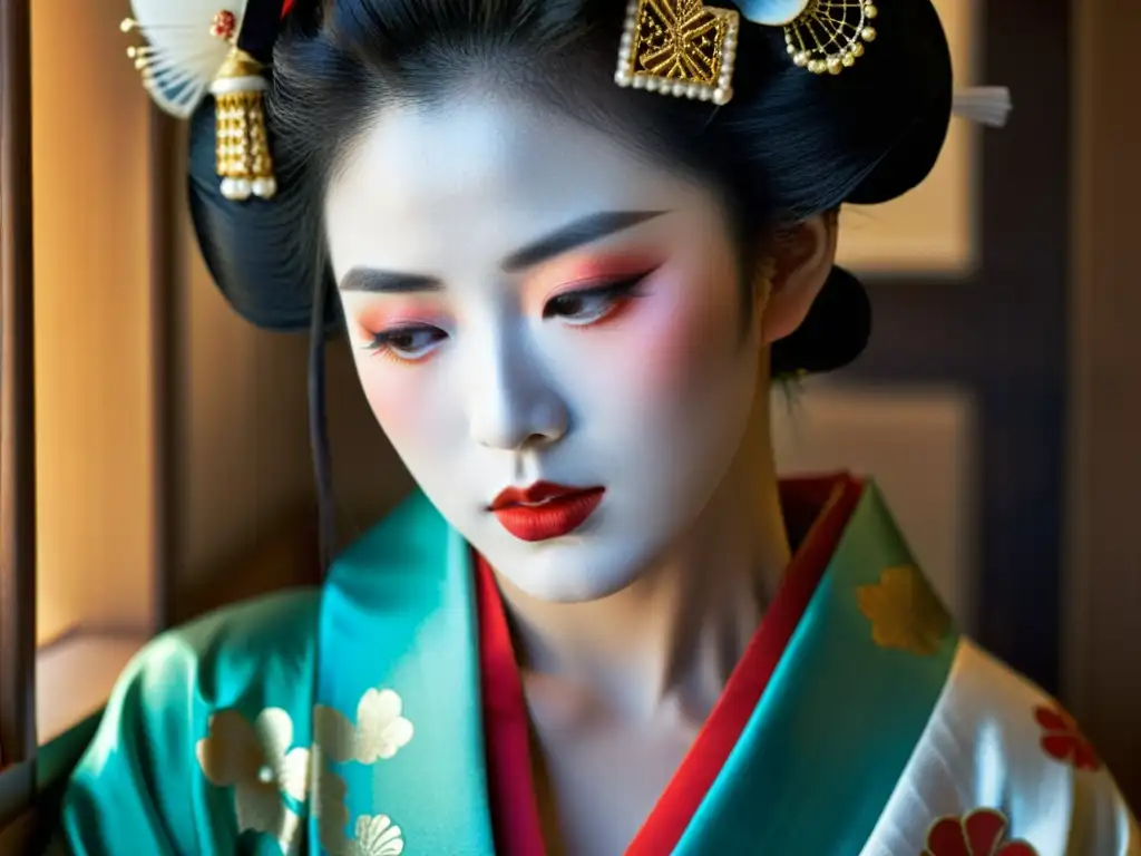 Una geisha moderna en contemplación, con detalles ornamentados y rituales de belleza de geishas modernas