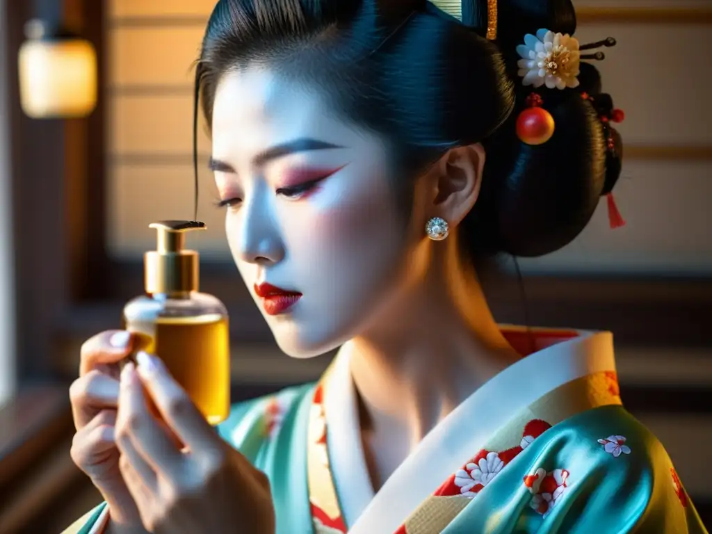 Una geisha moderna aplica con delicadeza aceite facial japonés, resaltando sus rituales de belleza