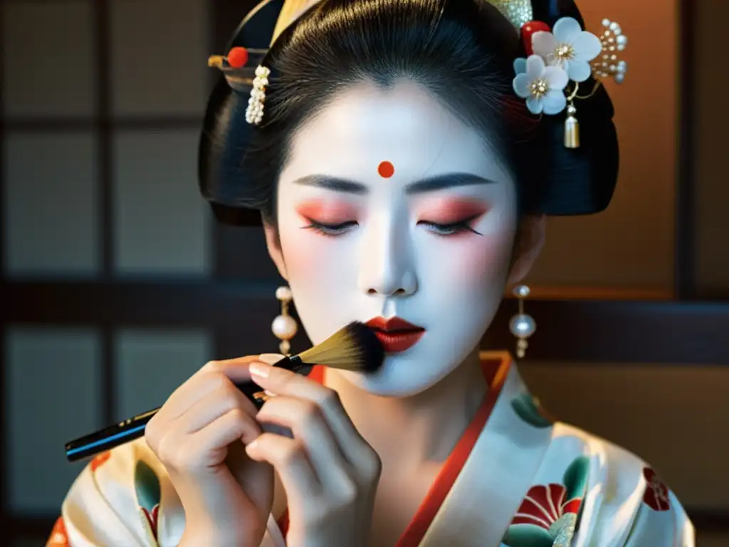 Una geisha moderna aplica con gracia el maquillaje oshiroi en un ritual de belleza