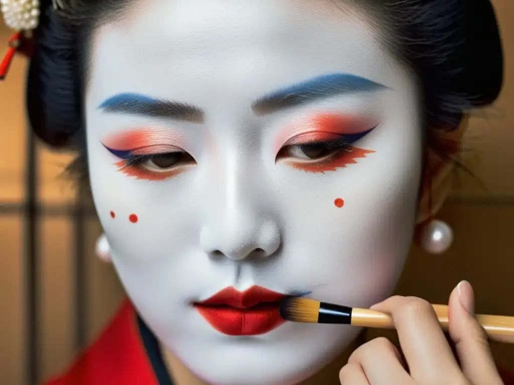 Una geisha moderna aplicando maquillaje blanco con precisión, resaltando los rituales de belleza de geishas modernas