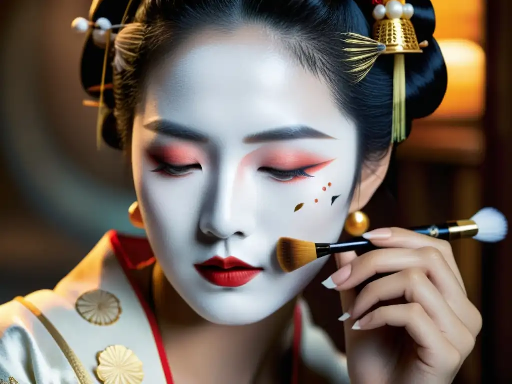 Una geisha moderna aplicando maquillaje blanco en un ritual de belleza