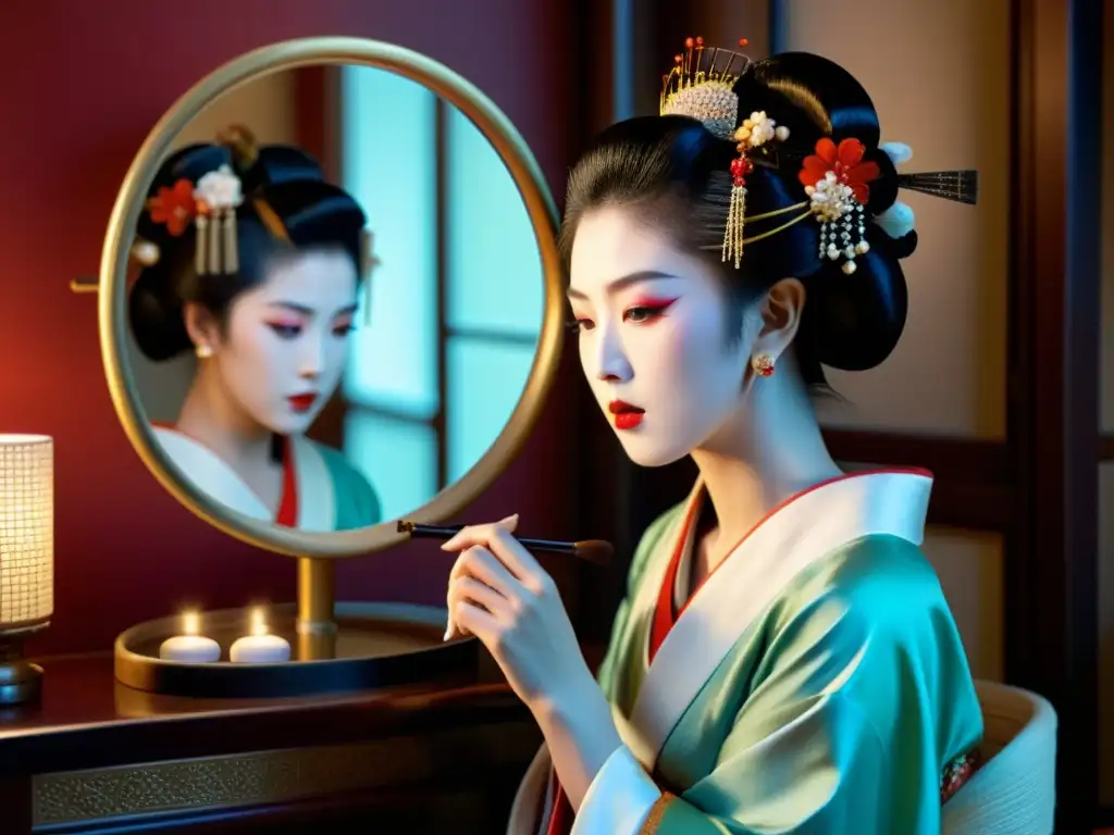 Una geisha moderna aplica con esmero maquillaje tradicional en un ambiente suavemente iluminado, evocando rituales de belleza de geishas modernas