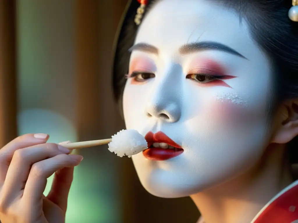 Una geisha moderna aplica una mascarilla facial tradicional de polvo de arroz y agua, resaltando sus rituales de belleza