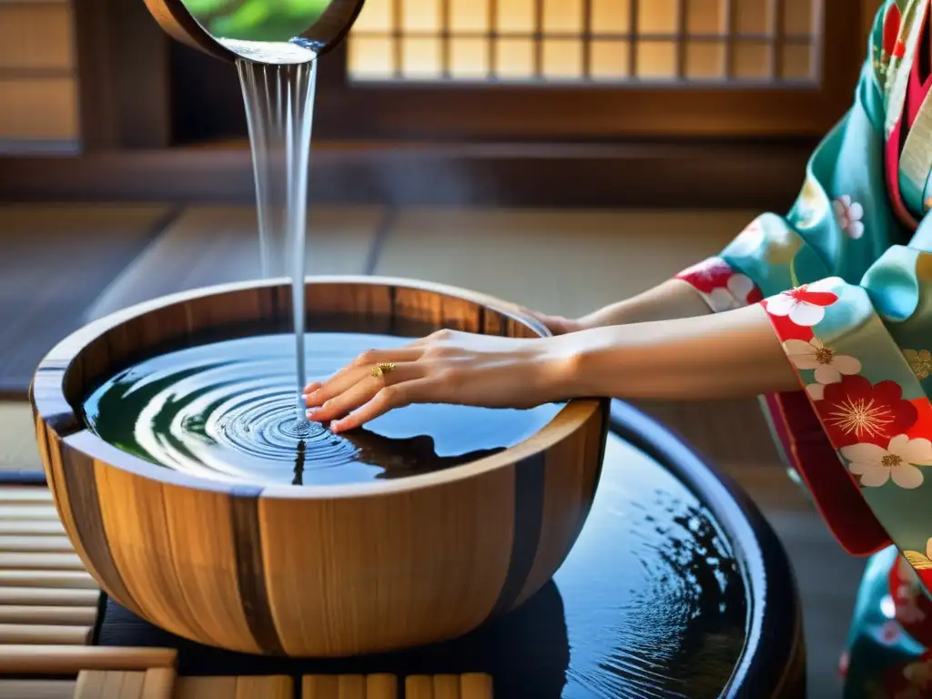 Una geisha moderna realiza el ritual de purificación y belleza, vertiendo agua sobre sus manos en un baño japonés