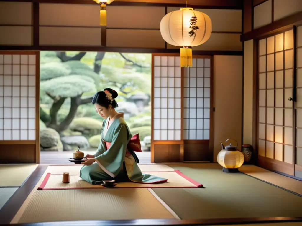 Una geisha vierte té en un tradicional salón japonés, mostrando la gracia y el papel de las mujeres en Japón