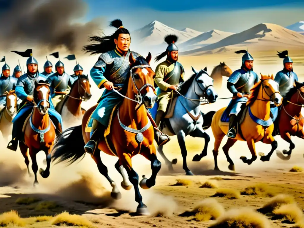 Genghis Khan lidera una carga de caballería en las llanuras de Mongolia, mostrando la intensidad de la conquista para establecer el Imperio Mongol