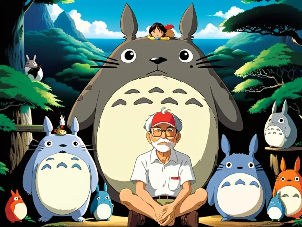 El genio creativo de Hayao Miyazaki rodeado de sus icónicos personajes animados, como Totoro, Mononoke y Chihiro