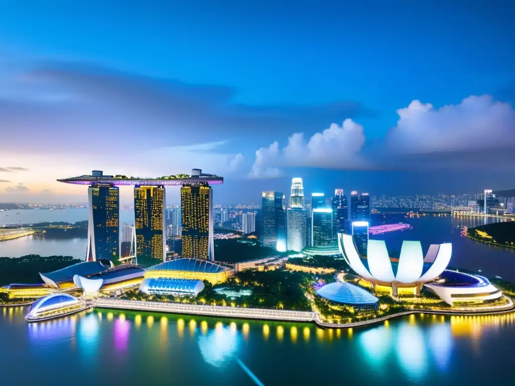 La transformación de Singapur a gigante tecnológico: vibrante skyline con rascacielos futuristas, luces neón y naturaleza exuberante