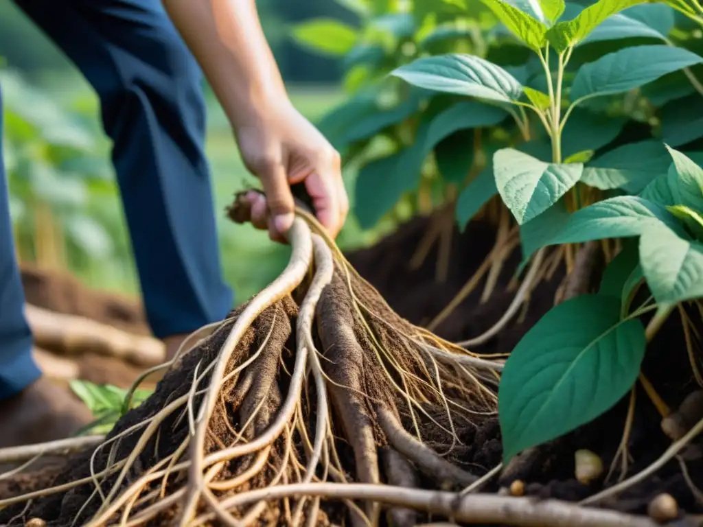 Raíz de ginseng cosechada en un campo exuberante en Corea del Sur, evocando tradición y beneficios ginseng cosmética coreana