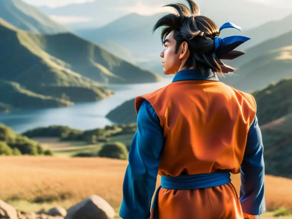 Son Goku en su gi naranja y azul, de espaldas ante un paisaje montañoso