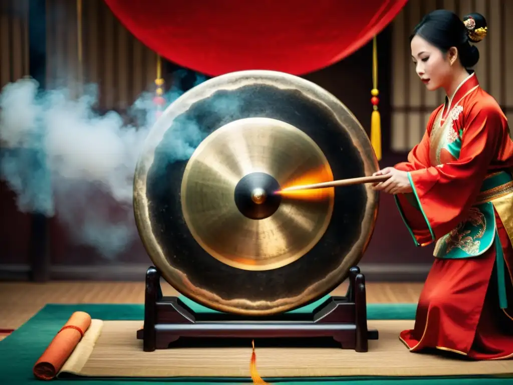 Un gong chino tradicional es golpeado durante una terapia auditiva con instrumentos ancestrales, creando una atmósfera culturalmente inmersiva