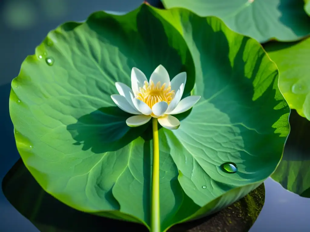 Una gota de agua deslizándose en una hoja de loto equilibrada, capturando la esencia del yin y yang de la hidratación en la naturaleza