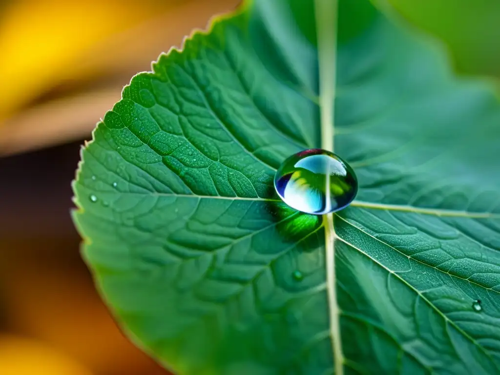 Una gota de agua se equilibra delicadamente sobre una hoja, reflejando la luz y textura