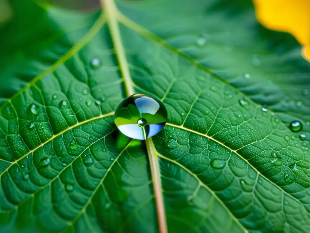 Una gota de agua se equilibra delicadamente sobre una hoja, reflejando luz y sombra, y revelando patrones y texturas