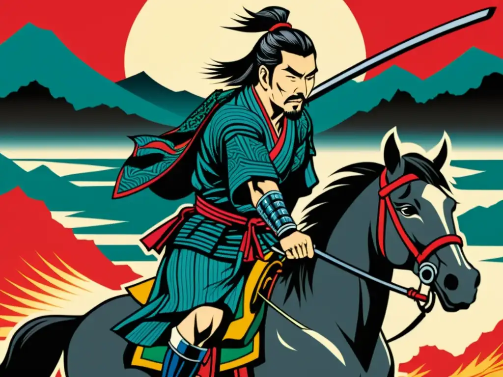 Grabado japonés de Miyamoto Musashi en batalla, con detalles vibrantes y la influencia de la mitología japonesa cultura