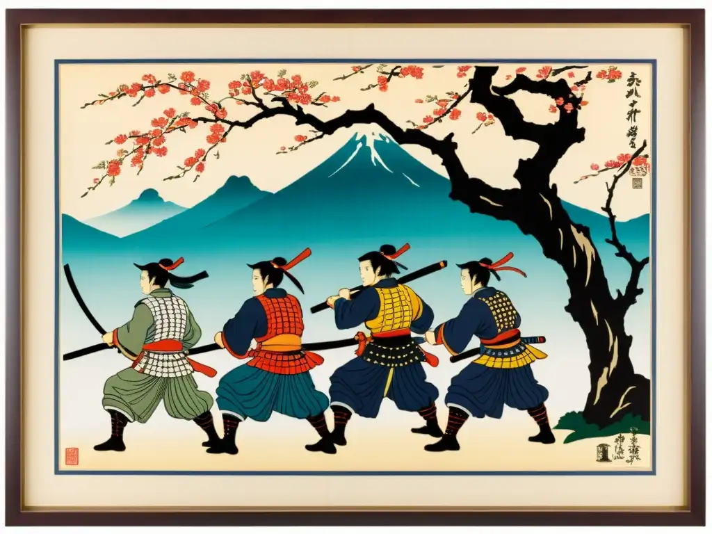 Un grabado japonés del período Meiji, muestra samuráis en batalla y flores de cerezo