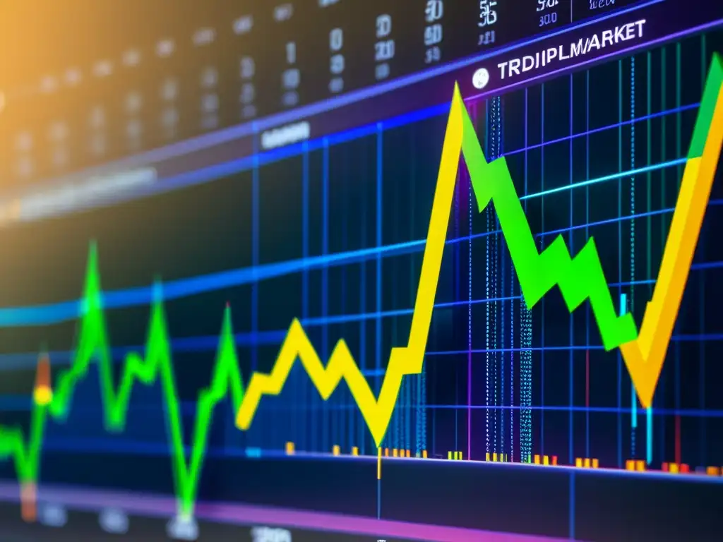 Gráfico detallado del mercado de criptomonedas, con líneas fluctuantes y puntos de datos en colores vivos