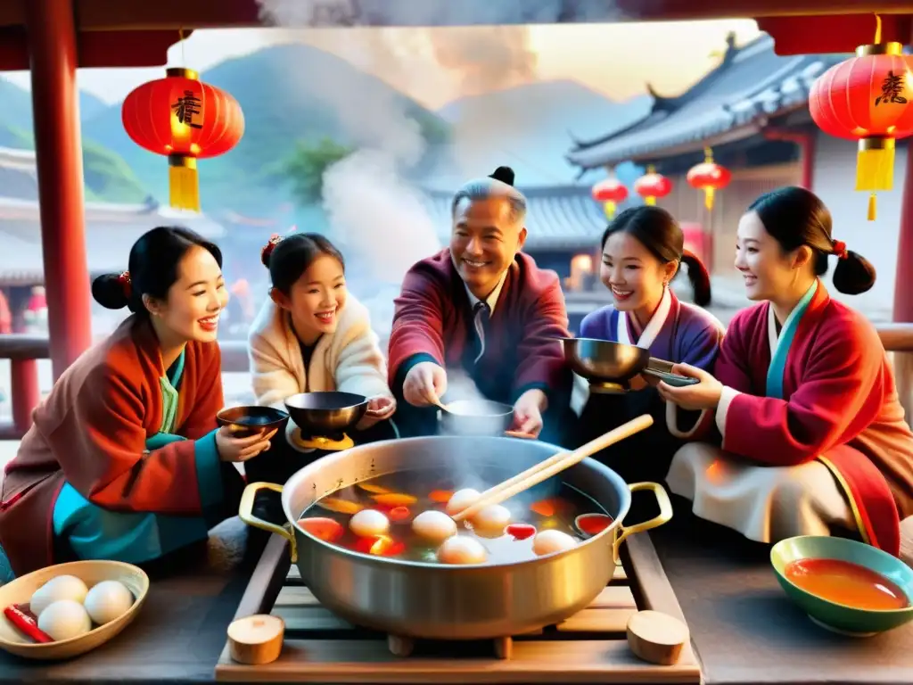 Una gran familia celebra el Dongzhi en Asia alrededor de un caldero de tangyuan