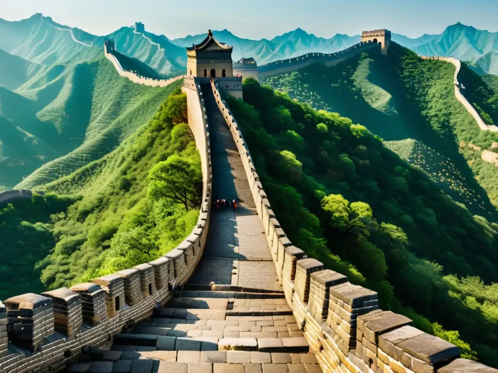 La Gran Muralla China, con sus detalladas tallas de piedra y torres de vigilancia, refleja la transformación de China durante invasiones bárbaras