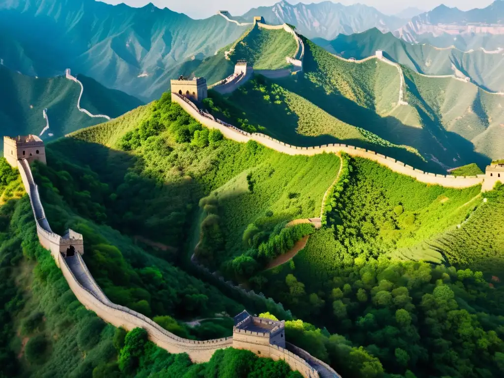 La Gran Muralla China serpentea entre montañas, envuelta en exuberante vegetación