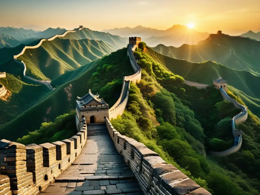 La Gran Muralla China serpentea entre las montañas al atardecer, evocando estrategias de gestión de conflictos asiáticas en su estructura antigua y resistente