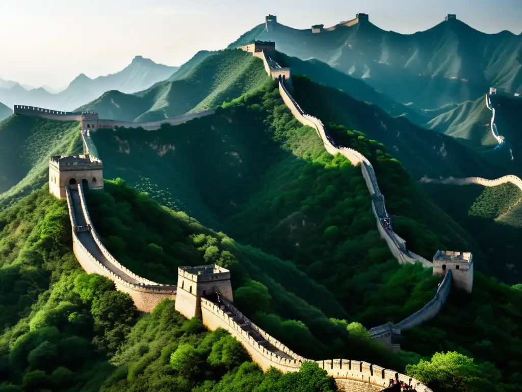 La Gran Muralla de China se extiende majestuosamente por un paisaje montañoso, mostrando la transformación de China durante invasiones bárbaras