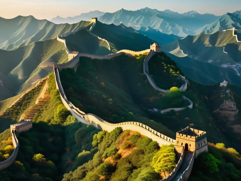 La Gran Muralla China serpentea por el paisaje montañoso al atardecer, mostrando la resistencia contra la conquista de los mongoles en China