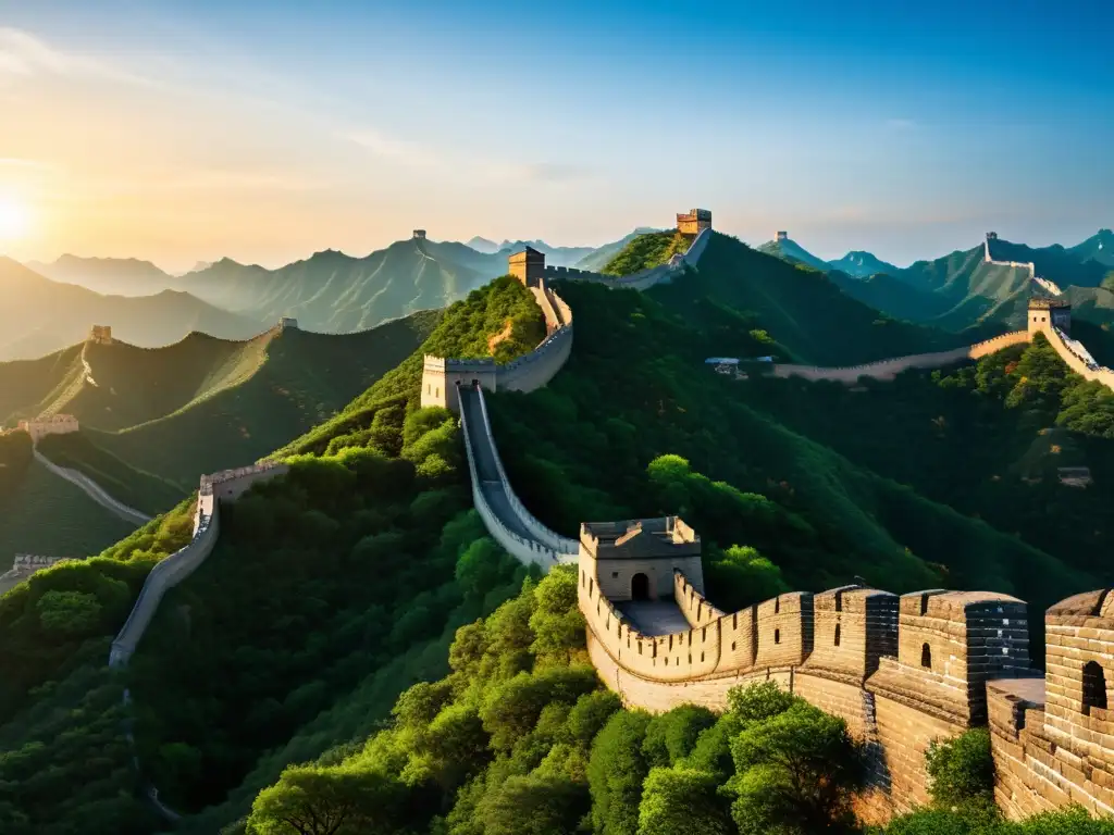 La Gran Muralla de China se destaca en el paisaje montañoso al atardecer, mostrando la transformación de China durante invasiones bárbaras