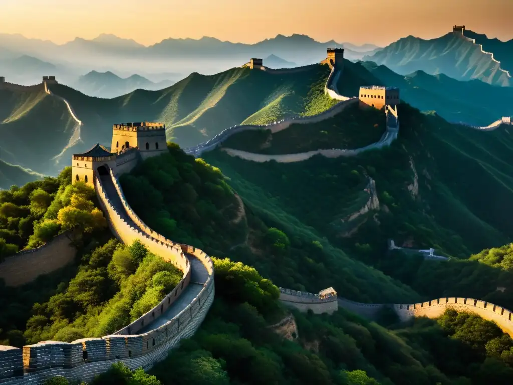 La Gran Muralla China se extiende por el terreno montañoso al atardecer, testamento de la conquista de los mongoles en China