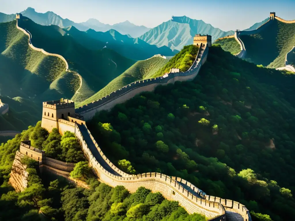 La Gran Muralla de China serpentea a través de montañas rugosas, resaltando la fuerza y belleza de la dinastía Ming y sus Navegantes Dragón