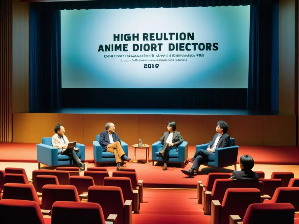 Grandes directores de anime asiático Satoshi Kon, Mamoru Hosoda y Makoto Shinkai reunidos en un festival de cine en Japón, compartiendo ideas en un elegante auditorio iluminado por un cálido foco