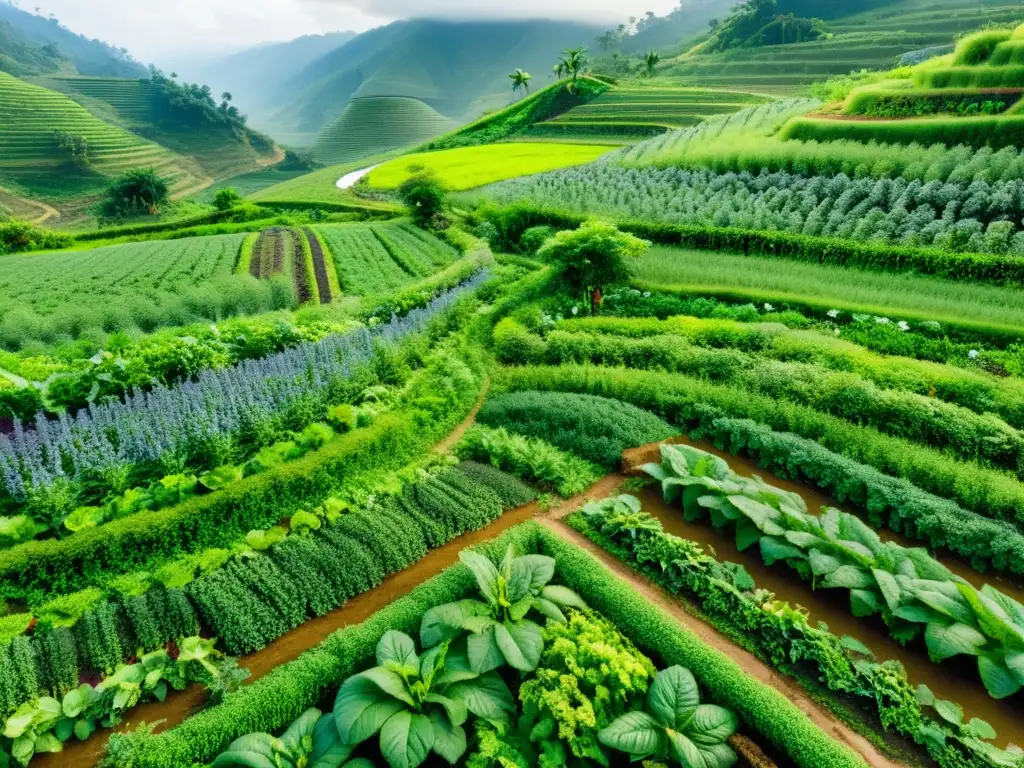 Una granja de permacultura próspera en Asia rural, con un jardín policultivo y agricultores locales practicando principios de permacultura