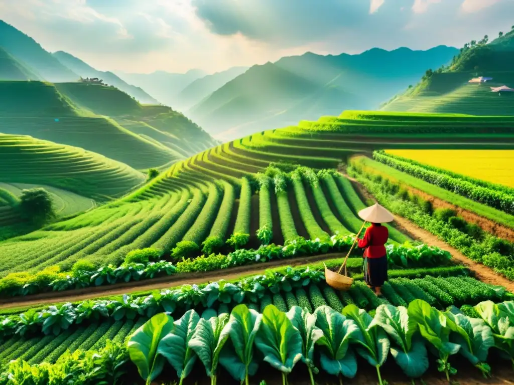 Un granjero chino cuida con esmero los cultivos en un campo exuberante, destacando la fertilización orgánica en la agricultura china