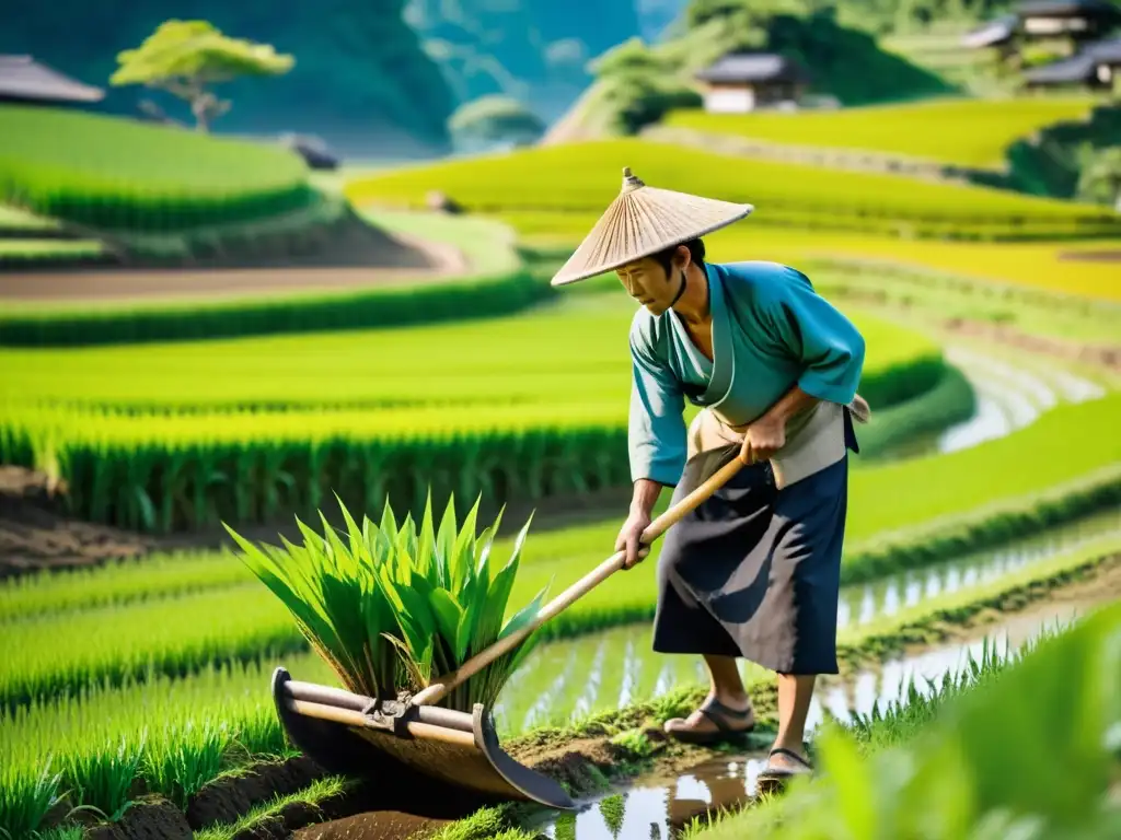 Un granjero japonés tradicional ara la fértil tierra con un arado de madera, mostrando la conexión atemporal entre humanos y herramientas agrícolas