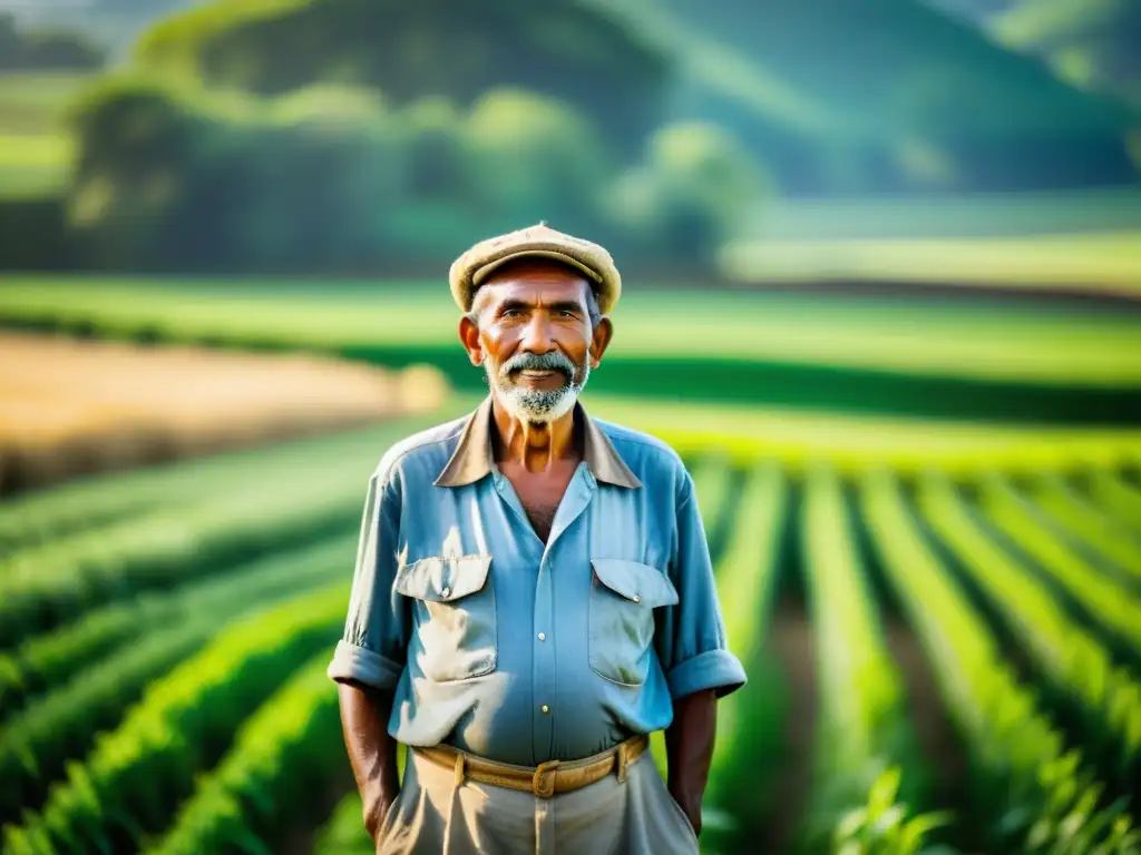 Un granjero tradicional trabaja con técnicas agrícolas tradicionales para alimentar al mundo moderno en un campo soleado y exuberante