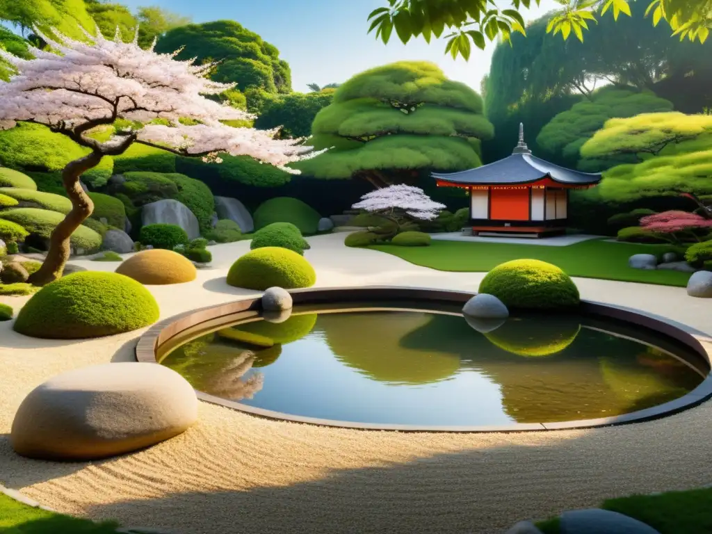 Un jardín zen con grava cuidadosamente rastrillada, rodeado de vegetación exuberante y estanques relucientes, transmite paz y armonía