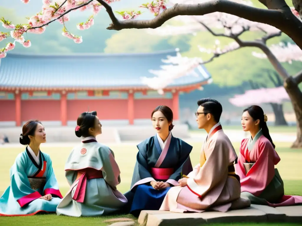 Grupo de académicos coreanos en hanbok debajo de un cerezo en flor, discutiendo el legado social de los Seonbi