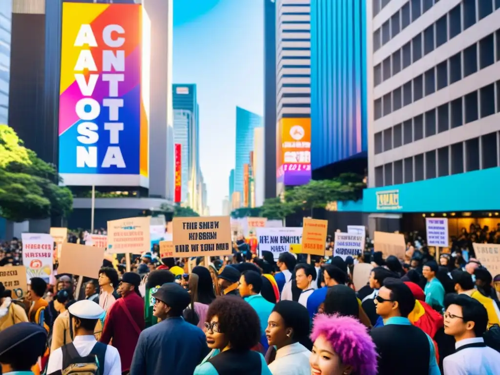 Un grupo de activistas diversos marcha por una bulliciosa calle de la ciudad, sosteniendo coloridas pancartas con personajes de anime y consignas