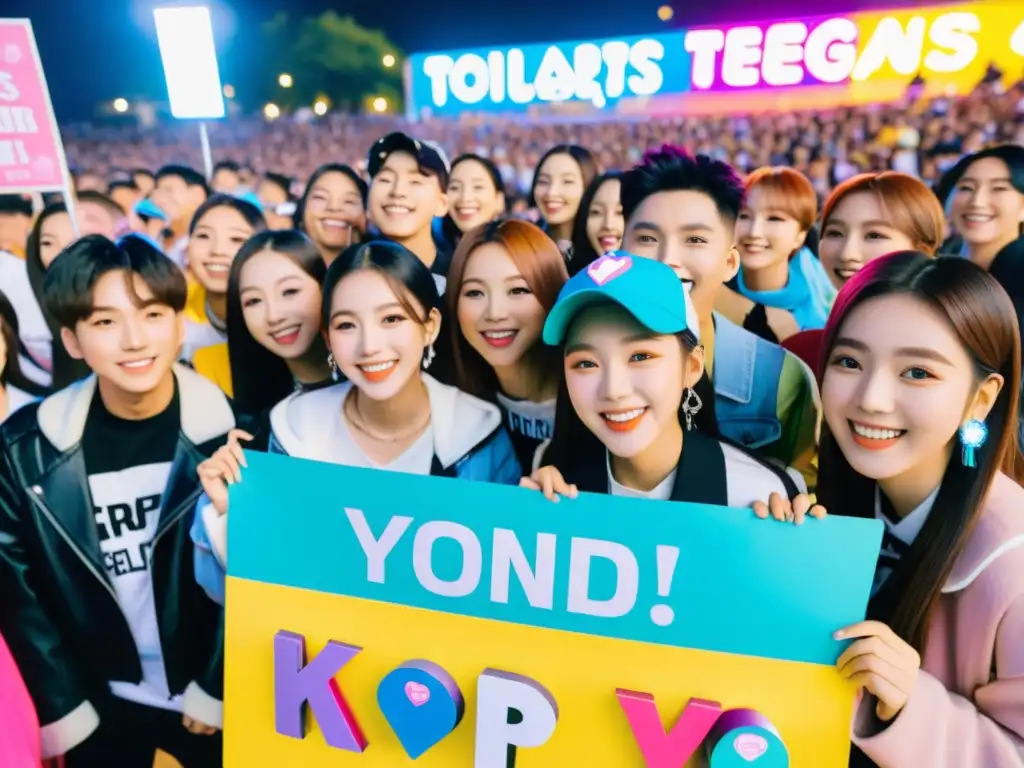 Un grupo de adolescentes entusiastas con merchandising colorido del Kpop y carteles de empoderamiento, esperando a sus ídolos del Kpop