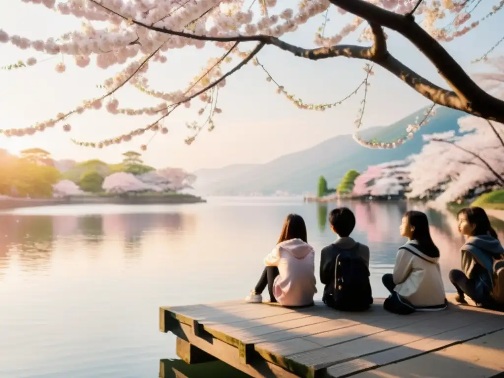 Un grupo de adolescentes japoneses contempla melancólicos la naturaleza al borde del lago, entre los cerezos en flor