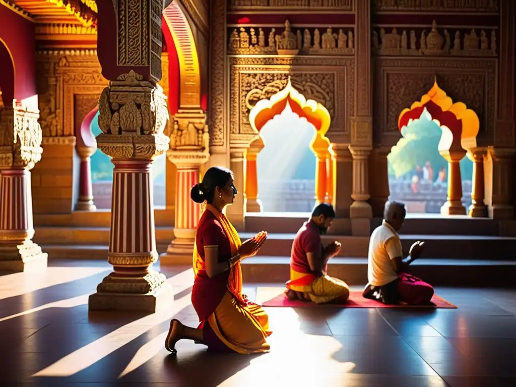 Grupo de adoradores hindúes rezando en un templo colorido y detallado, adaptación del hinduismo al mundo moderno