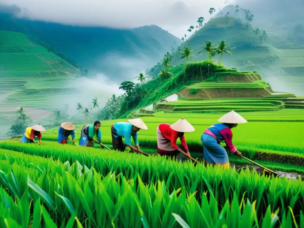 Grupo de agricultores asiáticos trabajando en arrozales verdes, usando herramientas tradicionales