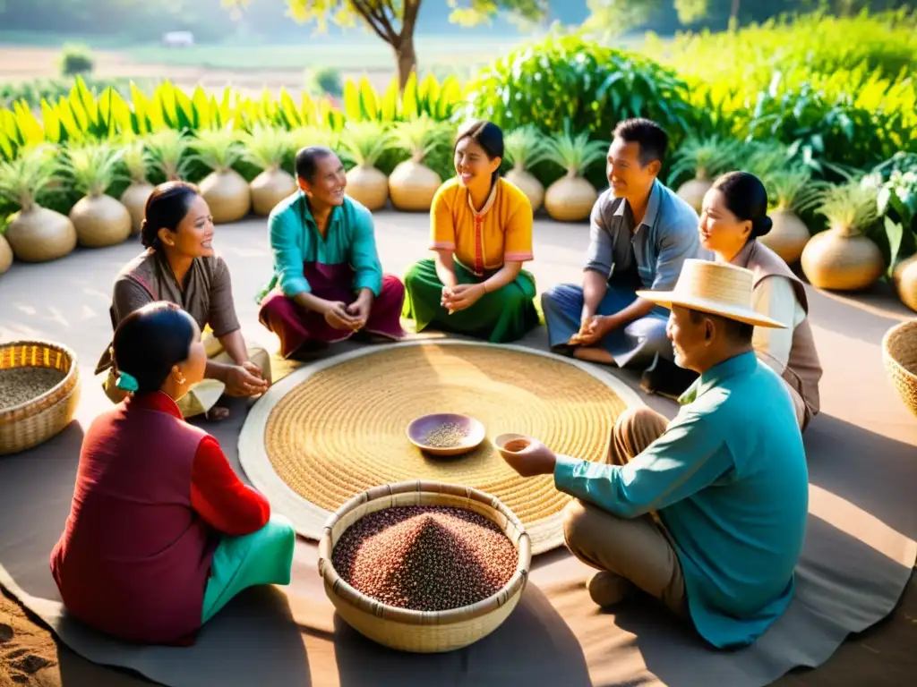 Grupo de agricultores asiáticos en círculo examinando semillas nativas, resaltando la importancia de la biodiversidad en Asia