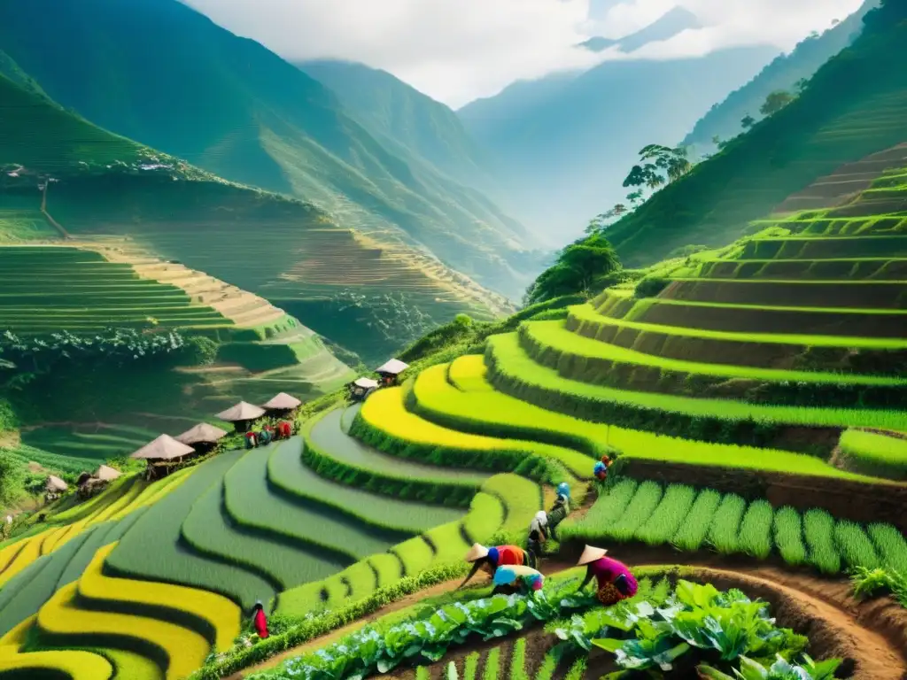 Grupo de agricultores indígenas cuidando un campo agrícola terrazado con técnicas ancestrales de siembra, adaptación al cambio climático