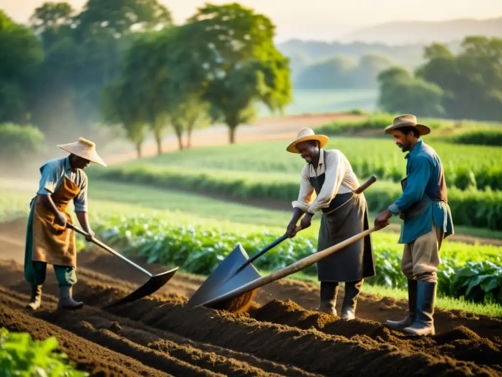 Un grupo de agricultores trabajando juntos en un campo exuberante con herramientas agrícolas tradicionales, iluminados por el cálido sol