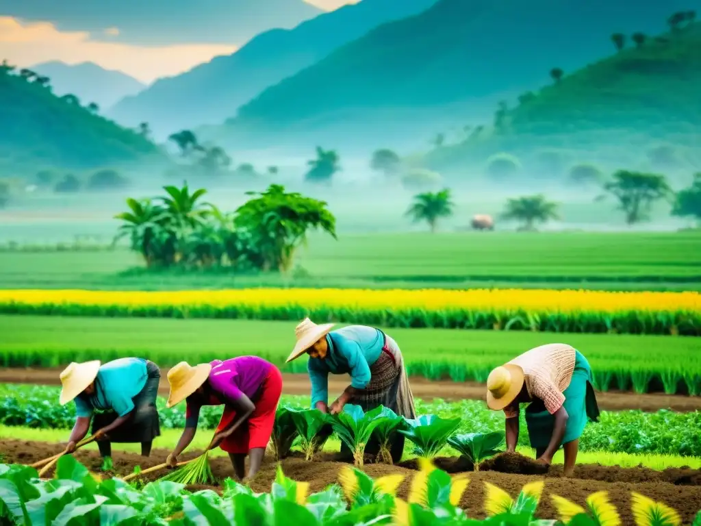 Grupo de agricultores locales en un campo diverso, aplicando técnicas agrícolas tradicionales para alimentar al mundo moderno