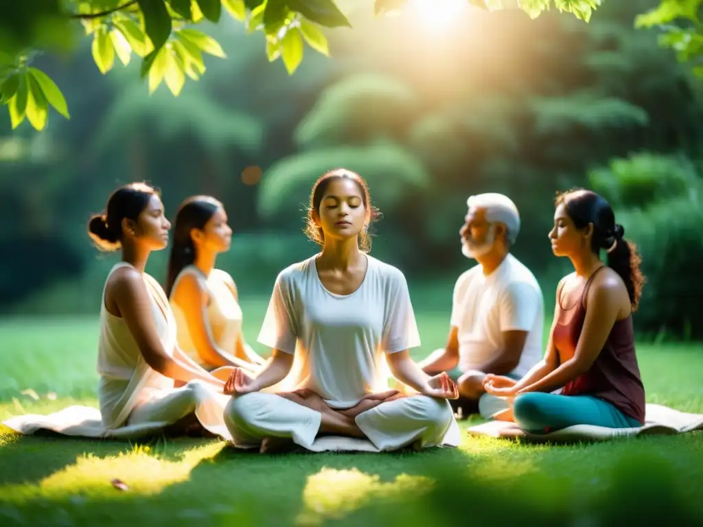 Un grupo meditando al aire libre en un círculo, rodeado de vegetación exuberante, con los ojos cerrados en profunda meditación védica