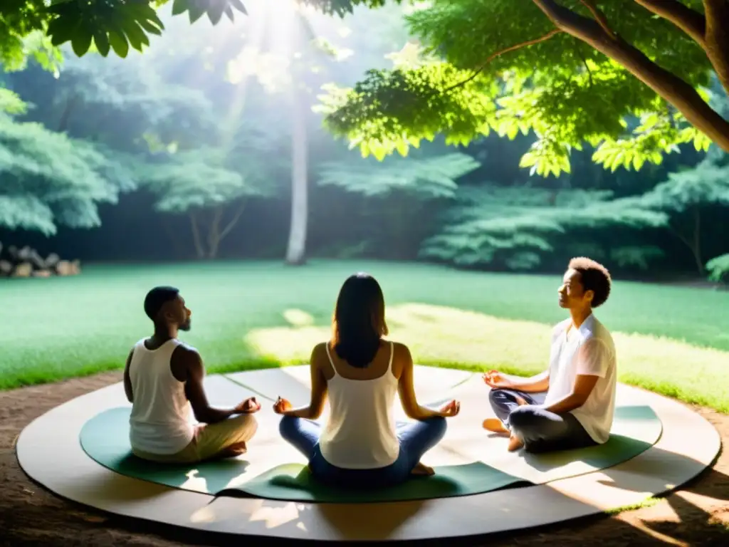 Grupo en meditación al aire libre en entorno natural, transmitiendo serenidad y calma