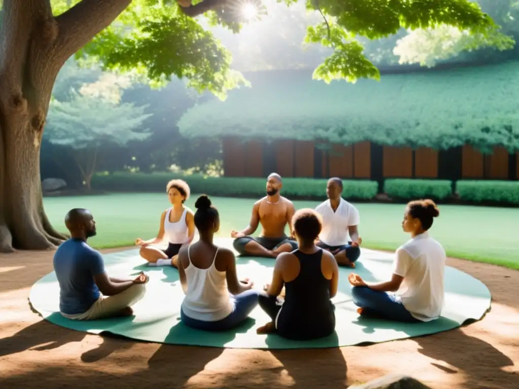 Meditación en comunidad: serenidad al aire libre Grupo meditando al aire libre, en armonía y paz