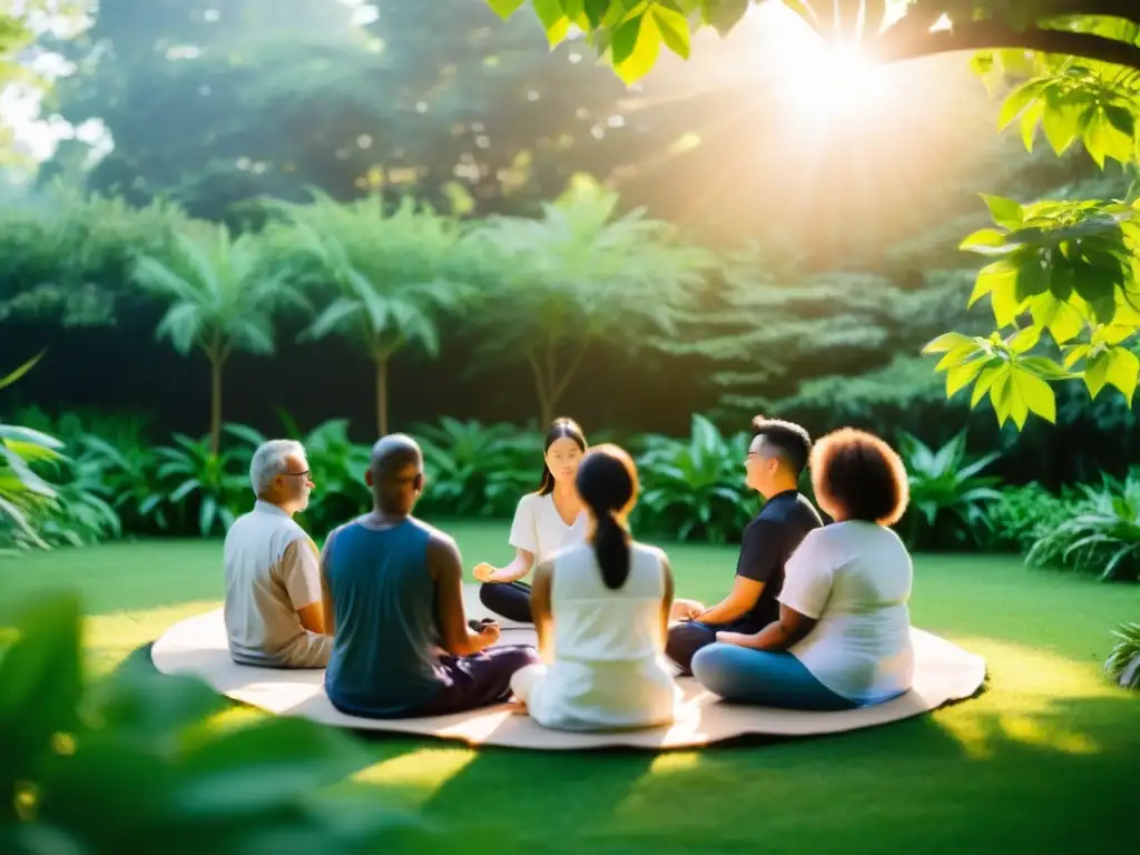 Grupo en meditación al aire libre, rodeado de vegetación exuberante